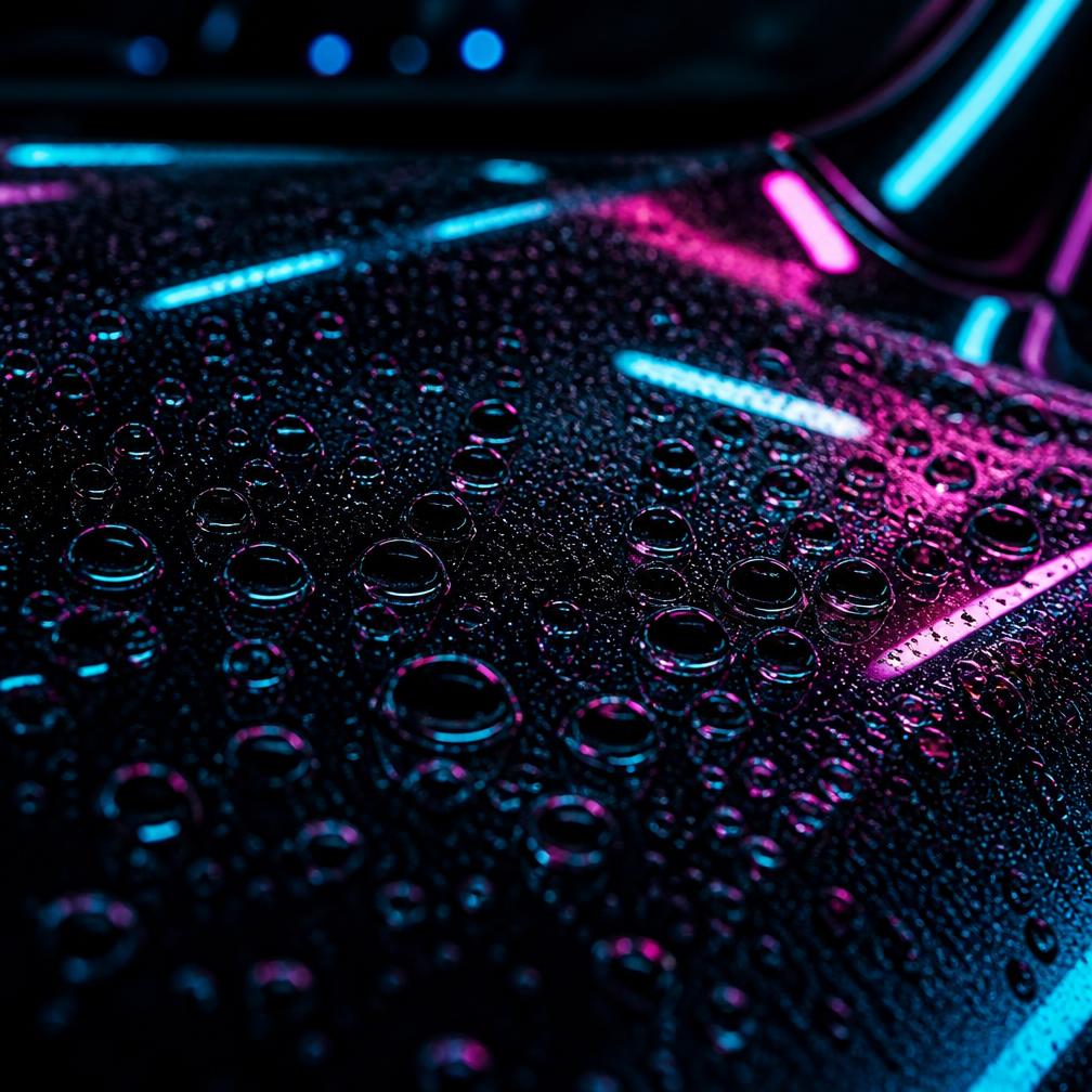 Gotas de agua perlando sobre capó con coating cerámico y luz neón