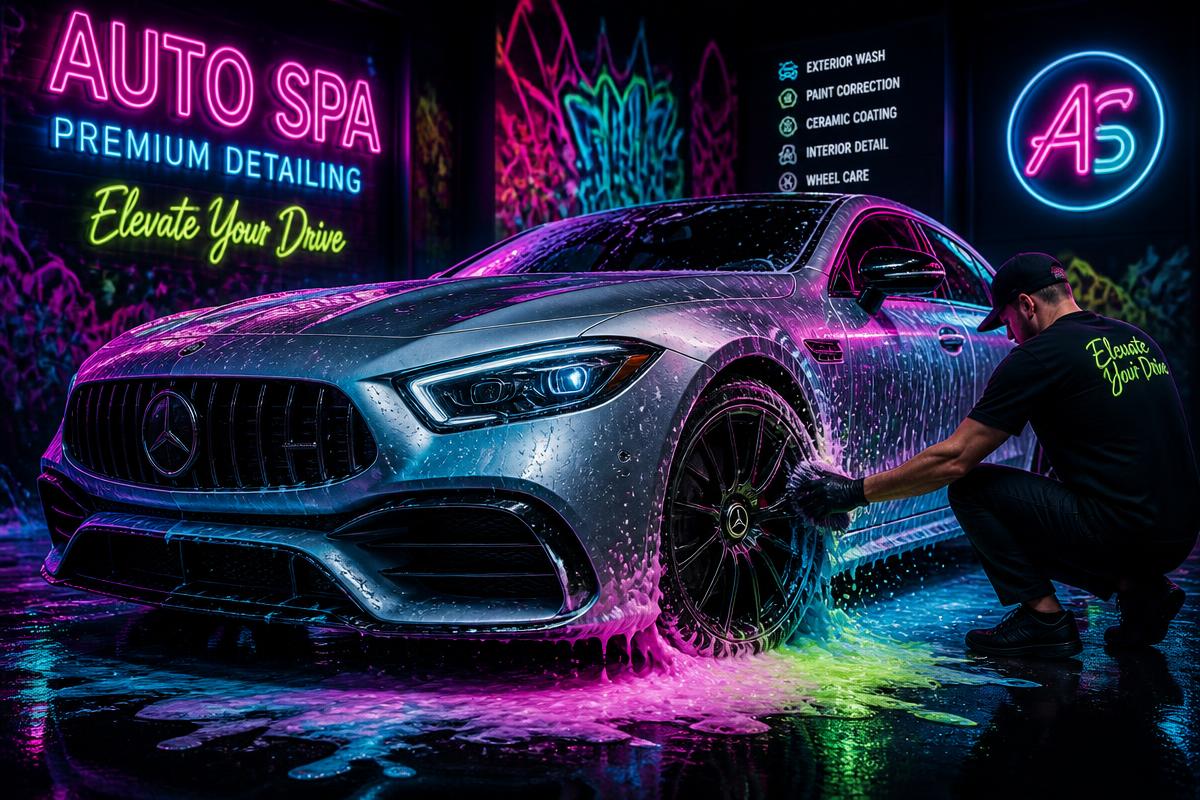 Auto deportivo plateado siendo detallado con reflejos neón de colores